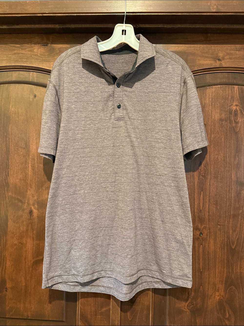 Lululemon Men's Heathered Maroon and Gray Striped Short-Sleeve Polo